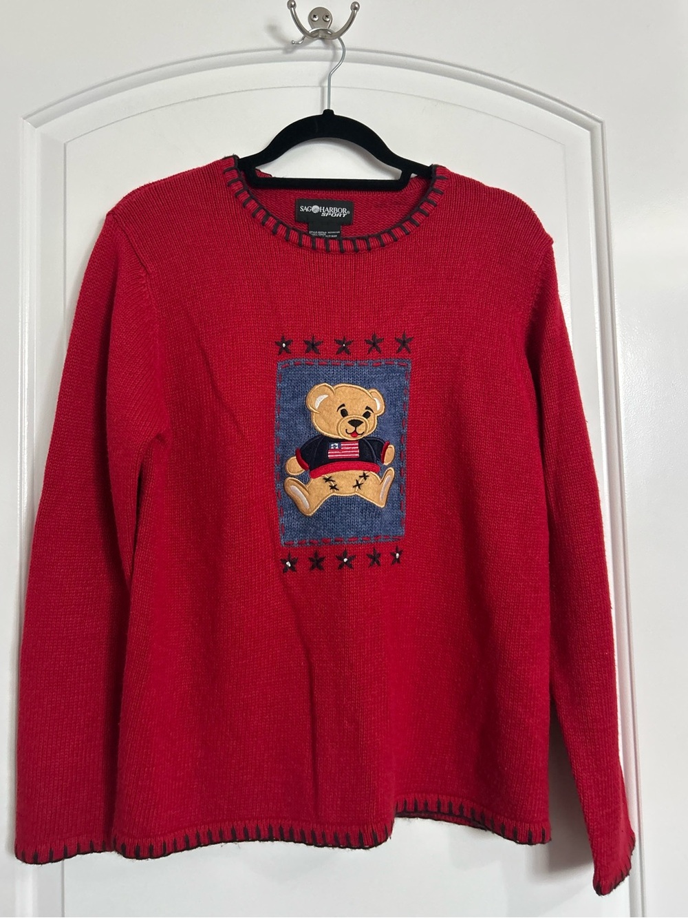 Sag Harbor Vintage Teddy Bear USA Flag Knit Sweater Size S 90s Nautical Chic